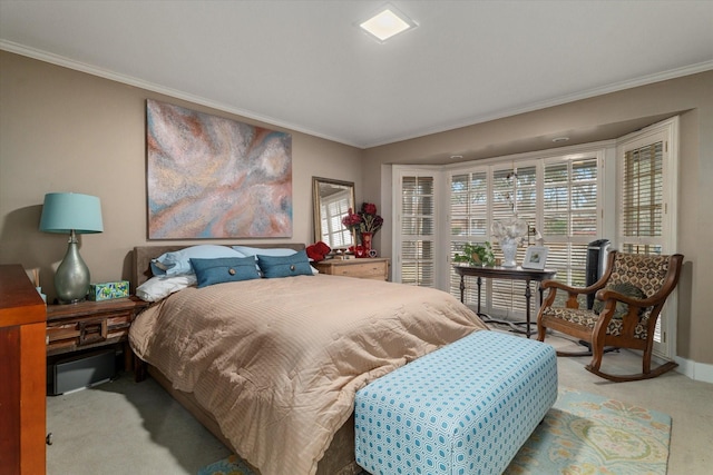 bedroom with light carpet and ornamental molding