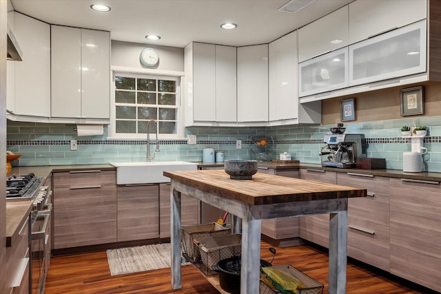 kitchen with white cabinetry, dark hardwood / wood-style flooring, sink, and decorative backsplash