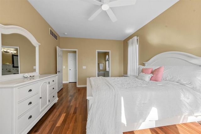 bedroom featuring dark wood-type flooring and ceiling fan