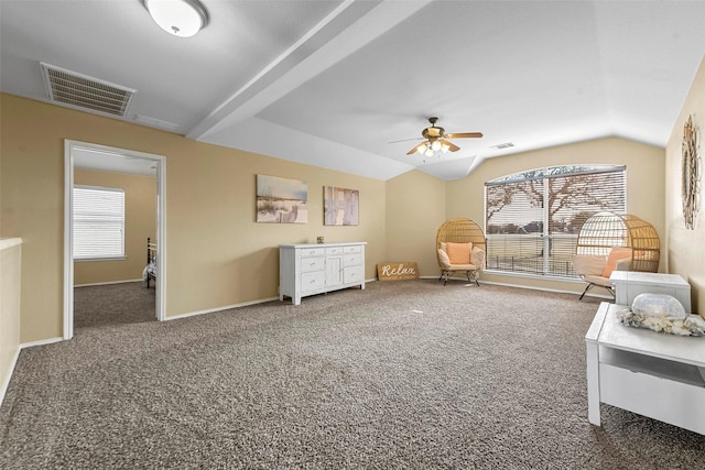 recreation room featuring ceiling fan, vaulted ceiling, and carpet