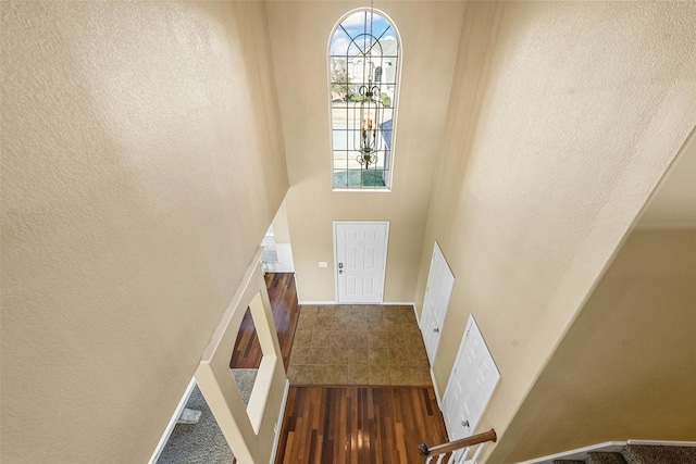 foyer with a towering ceiling and dark wood-type flooring