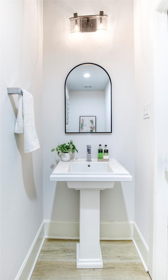 bathroom with hardwood / wood-style floors