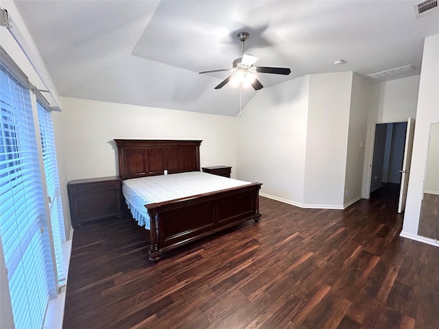 5420 Centeridge Ln, Mckinney, TX 75071 - bedroom with dark wood-style flooring, lofted ceiling, baseboards, and a ceiling fan