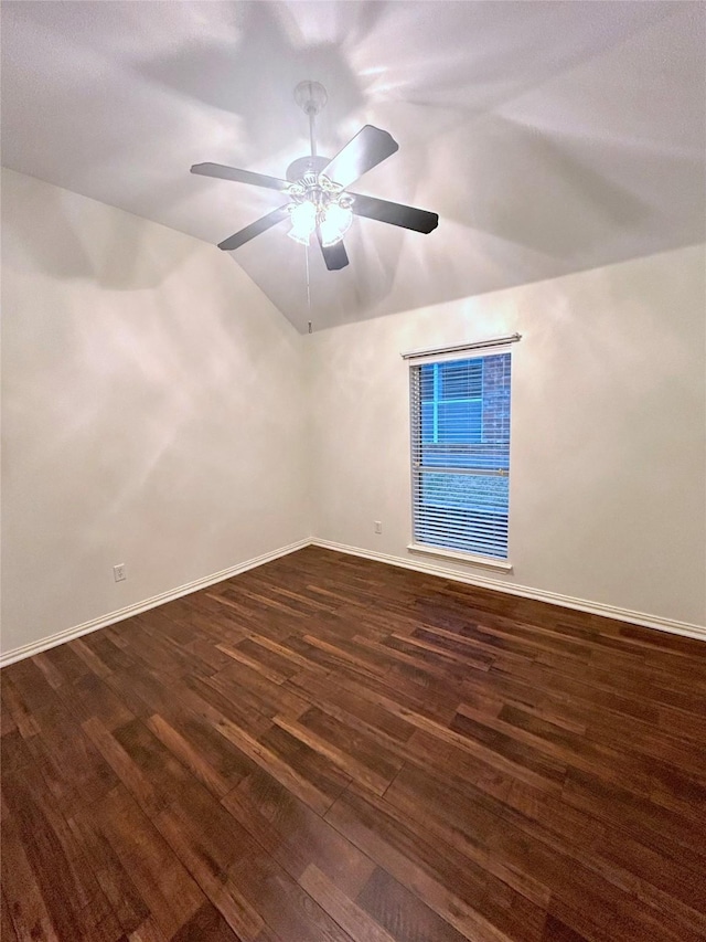 5420 Centeridge Ln, Mckinney, TX 75071 - spare room featuring dark wood-type flooring, ceiling fan, baseboards, and vaulted ceiling