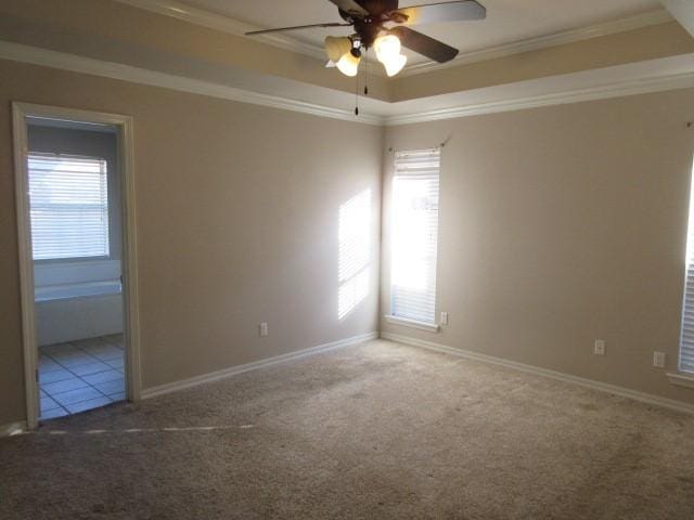 carpeted spare room with crown molding, ceiling fan, and a tray ceiling