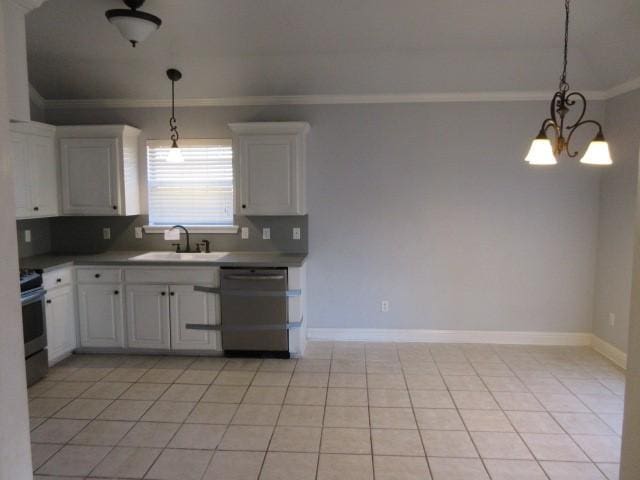 kitchen with light tile patterned flooring, sink, crown molding, stainless steel appliances, and white cabinets