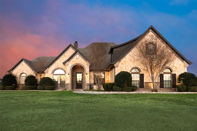 french provincial home featuring a lawn