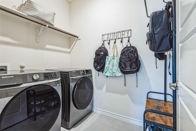 3253 Trails End Rd, Aubrey, TX 76227 - clothes washing area featuring baseboards, tile patterned flooring, laundry area, and independent washer and dryer