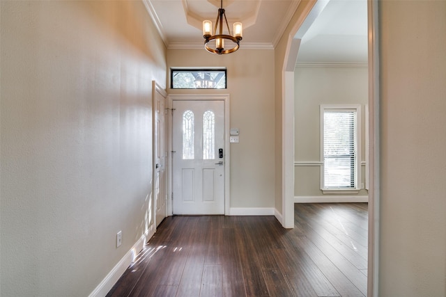 foyer entrance featuring crown molding, an inviting chandelier, dark hardwood / wood-style flooring, and a tray ceiling