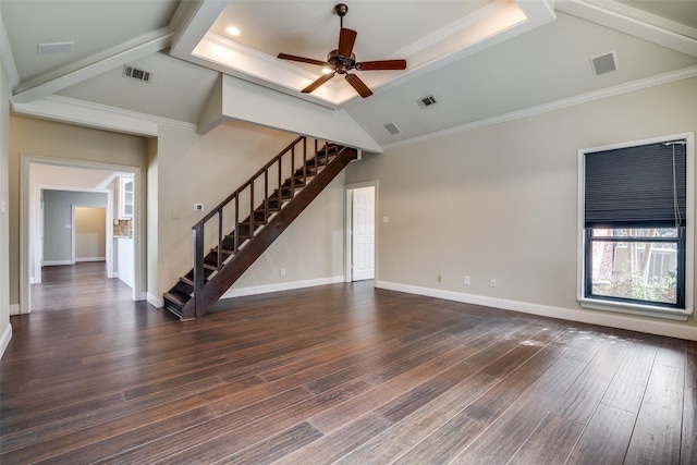 unfurnished living room featuring ceiling fan, ornamental molding, dark hardwood / wood-style floors, and vaulted ceiling with beams