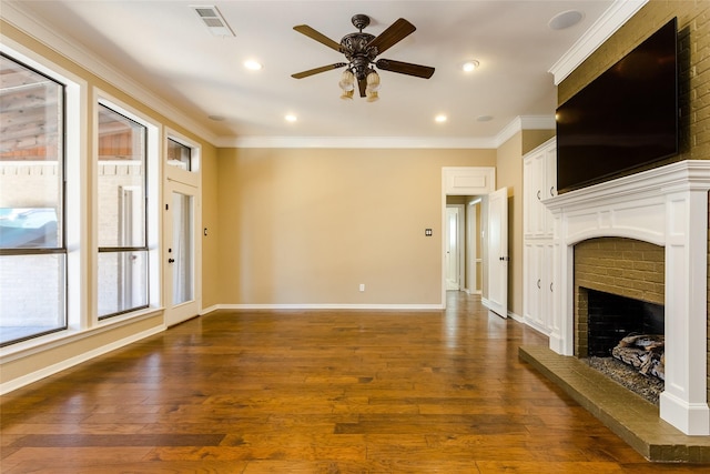 unfurnished living room featuring dark wood-type flooring, ceiling fan, and ornamental molding