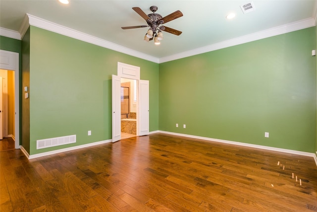 unfurnished room featuring crown molding, ceiling fan, and dark hardwood / wood-style flooring