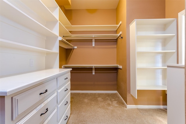 walk in closet with light colored carpet