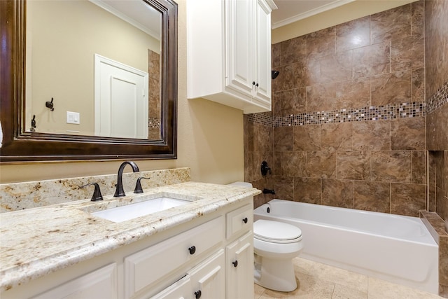 full bathroom with vanity, crown molding, toilet, and tiled shower / bath