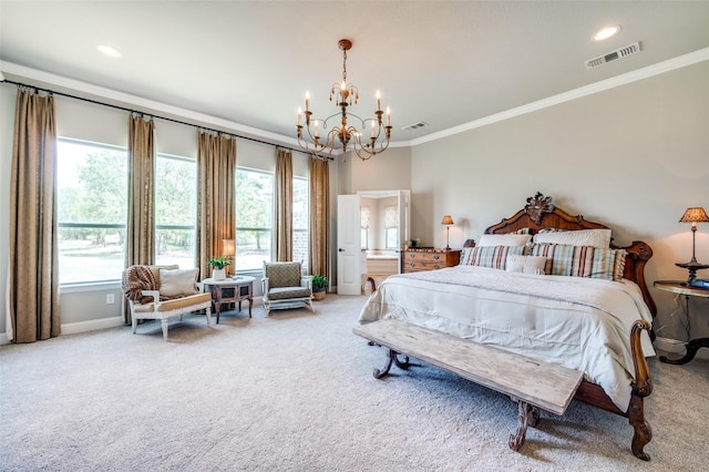 bedroom with crown molding, carpet, and a notable chandelier