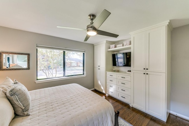 bedroom featuring dark wood-type flooring and ceiling fan