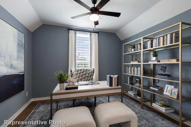 office area with vaulted ceiling, hardwood / wood-style floors, and ceiling fan