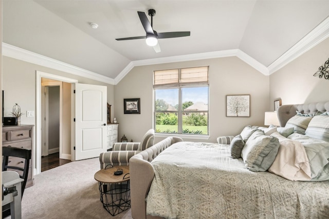 bedroom with vaulted ceiling, ornamental molding, and ceiling fan