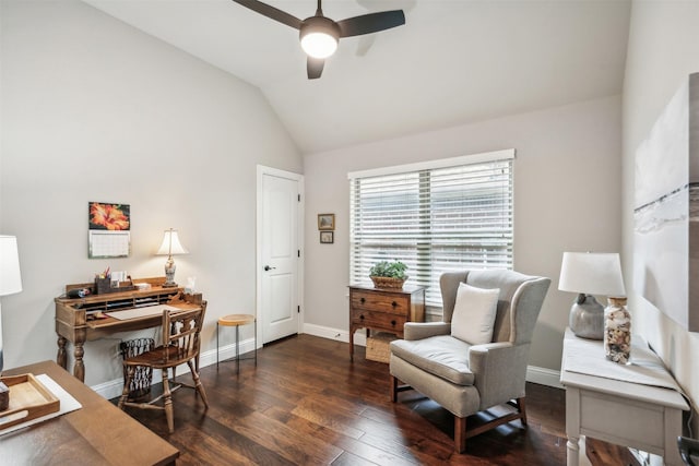 sitting room featuring lofted ceiling, dark hardwood / wood-style flooring, and ceiling fan