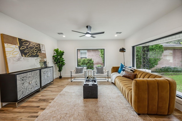 living room with hardwood / wood-style flooring and ceiling fan