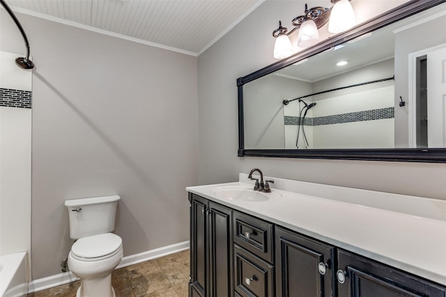 full bathroom featuring vanity, bathing tub / shower combination, crown molding, and toilet