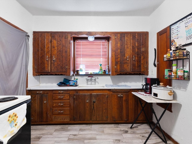 kitchen with dark brown cabinetry, sink, and electric range