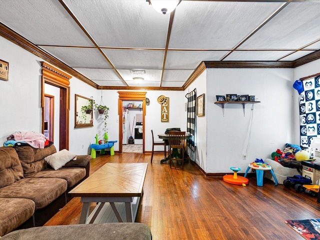 living room featuring ornamental molding and wood-type flooring