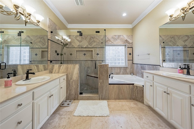 bathroom with an inviting chandelier, vanity, plus walk in shower, and crown molding