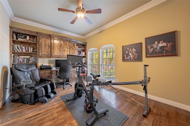 exercise area with crown molding, hardwood / wood-style flooring, and ceiling fan