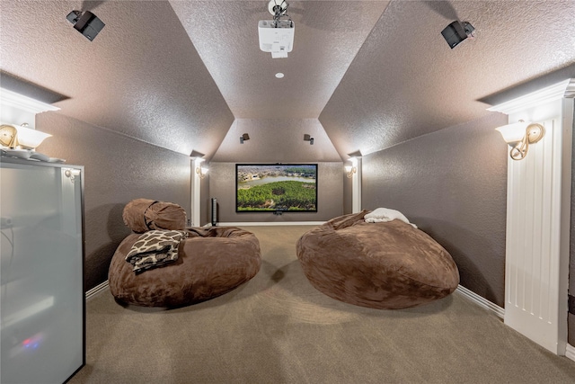 cinema with lofted ceiling, carpet flooring, and a textured ceiling