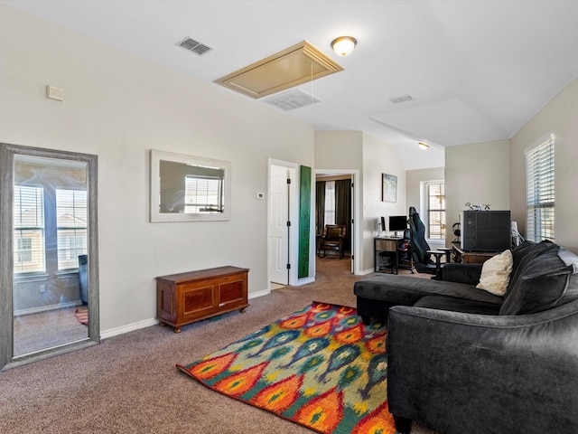 living room featuring lofted ceiling and carpet floors