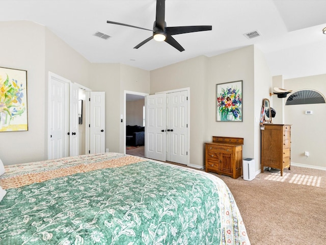 carpeted bedroom featuring ceiling fan