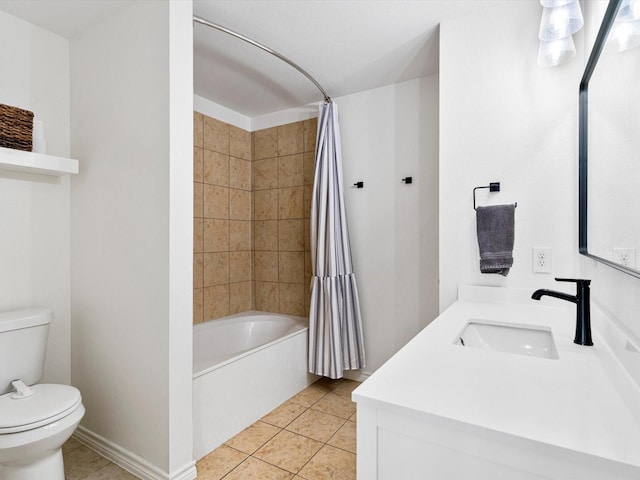 full bathroom featuring shower / bath combo, vanity, tile patterned floors, and toilet