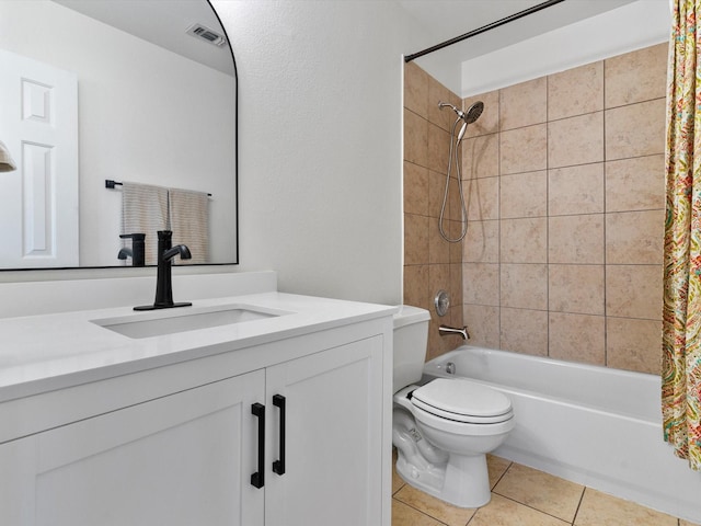 full bathroom featuring shower / bathtub combination with curtain, vanity, tile patterned floors, and toilet