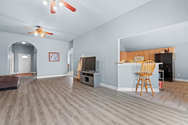 living room featuring ceiling fan and light wood-type flooring