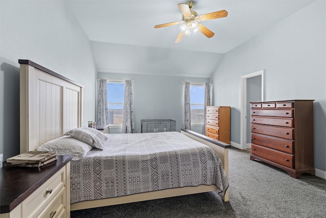 bedroom featuring ceiling fan, lofted ceiling, carpet flooring, and multiple windows