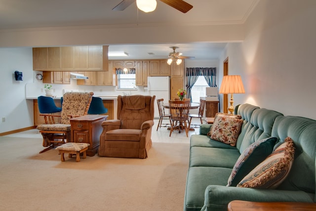 living room featuring a healthy amount of sunlight, ornamental molding, and light colored carpet