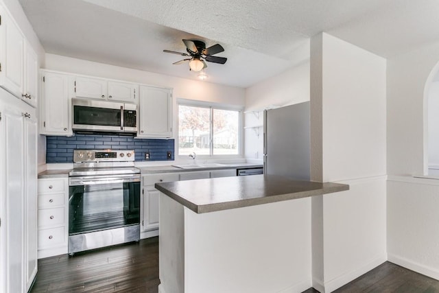 kitchen with stainless steel appliances, a sink, white cabinetry, decorative backsplash, and dark wood-style floors