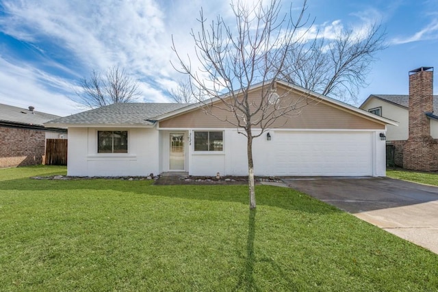 single story home featuring a shingled roof, a front yard, concrete driveway, and an attached garage