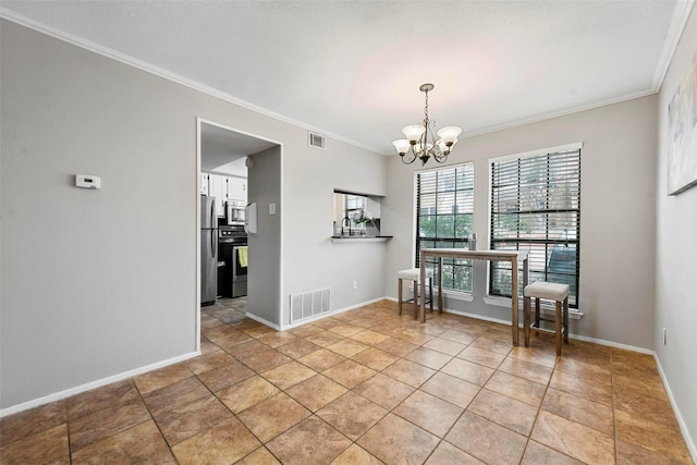 unfurnished dining area with crown molding, tile patterned floors, and an inviting chandelier