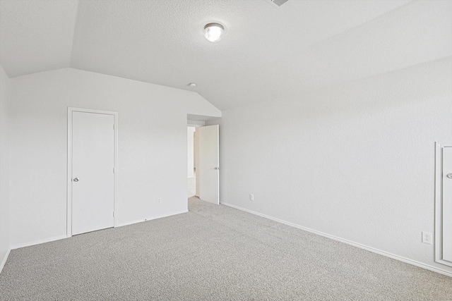 additional living space with lofted ceiling, light carpet, and a textured ceiling