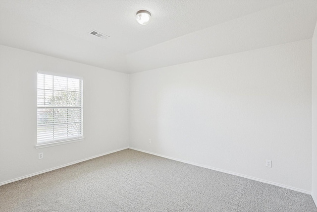 spare room with lofted ceiling, carpet flooring, and a textured ceiling