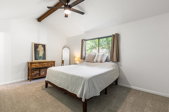 bedroom featuring ceiling fan, carpet floors, and vaulted ceiling with beams