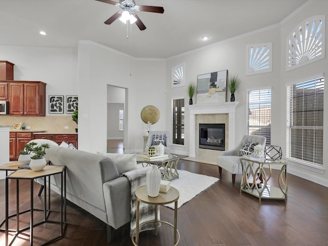 living room featuring dark wood-type flooring, a premium fireplace, and crown molding