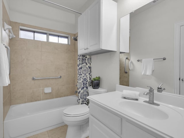 full bathroom featuring shower / tub combo, vanity, toilet, and tile patterned flooring