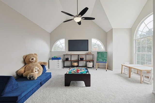 game room with lofted ceiling, carpet floors, and ceiling fan