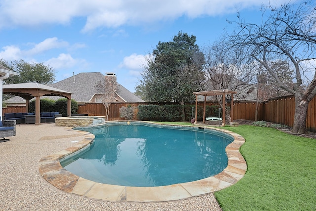 view of pool with a gazebo, a yard, a pergola, an in ground hot tub, and an outdoor hangout area