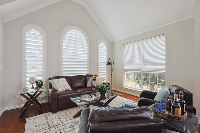 living room featuring lofted ceiling, wood-type flooring, and ornamental molding