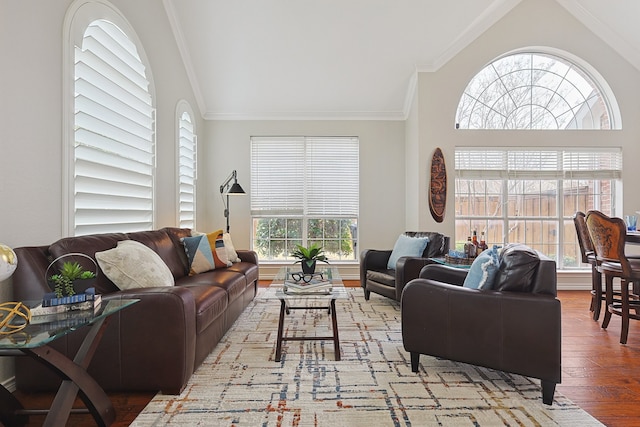 living room featuring crown molding, wood-type flooring, a wealth of natural light, and vaulted ceiling