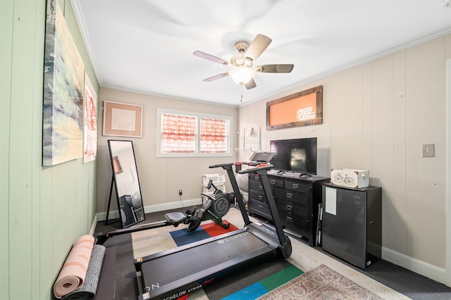 exercise room featuring crown molding and ceiling fan